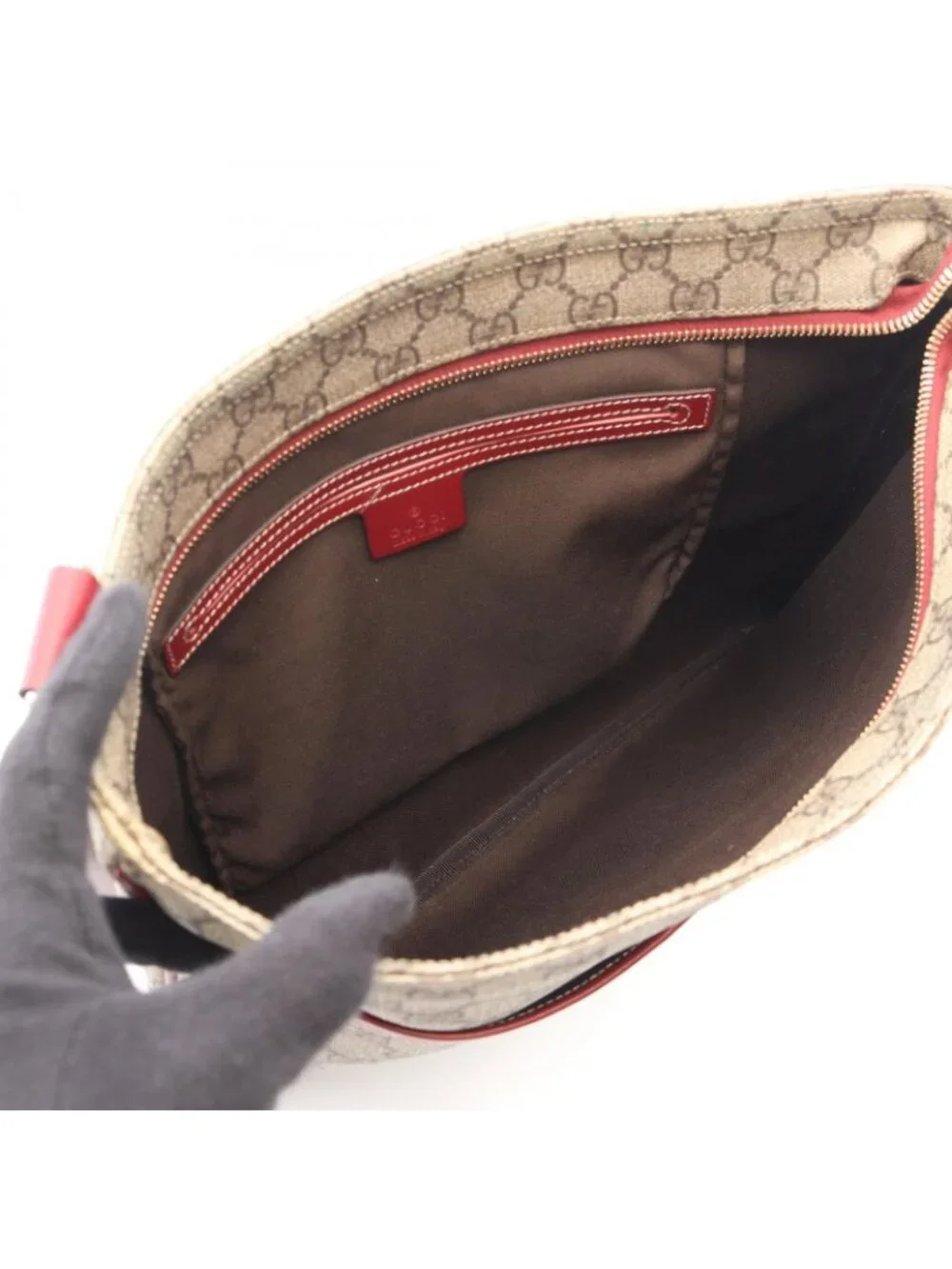 Gucci Shoulder Bag GG Supreme Beige Red Canvas Leather